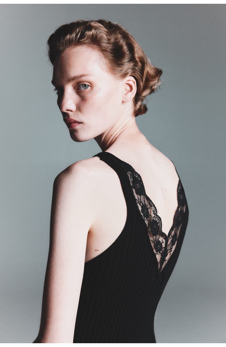 H&M Lace-trimmed Rib-knit Dress, Alternate, color, Black