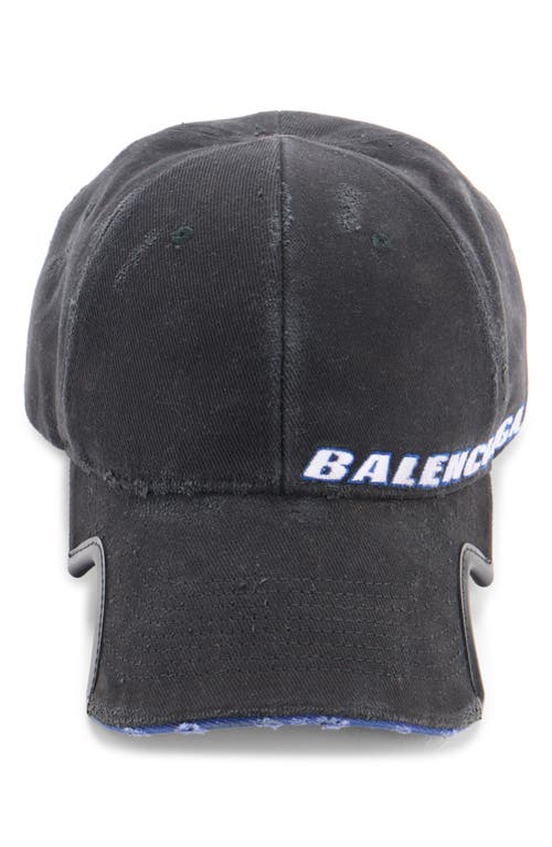 Balenciaga Tilted Typo Distressed Cotton Twill Baseball Cap In Blue