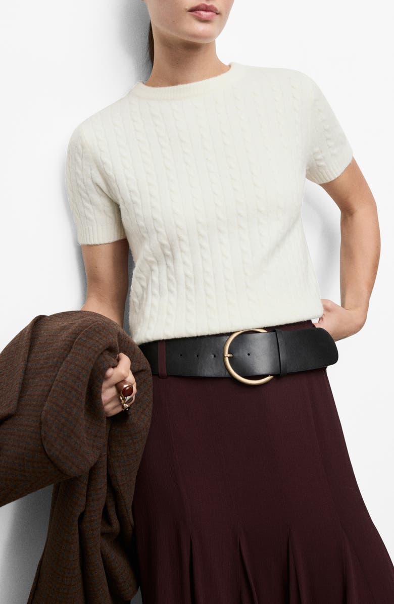 MANGO Cable Stitch Short Sleeve Sweater, Main, color, Ecru