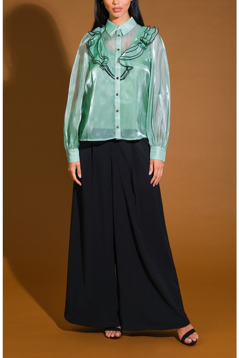 Ruffle Button-Up Shirt, Alternate, color, SAGE