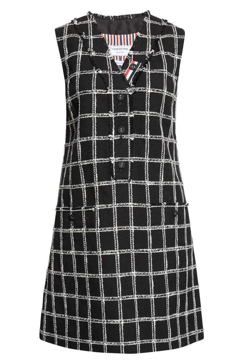 Fray Edge Windowpane Check V-Neck Cardigan Dress, Main, color, BLACK