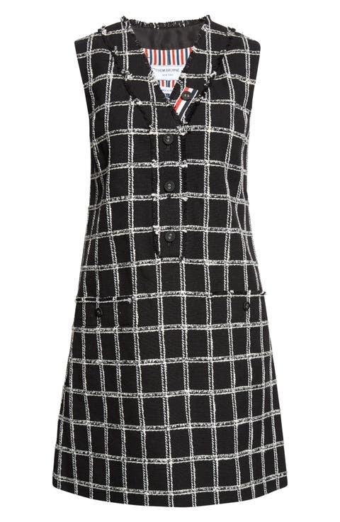 Fray Edge Windowpane Check V-Neck Cardigan Dress