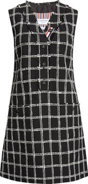 Thom Browne Fray Edge Windowpane Check V-Neck Cardigan Dress