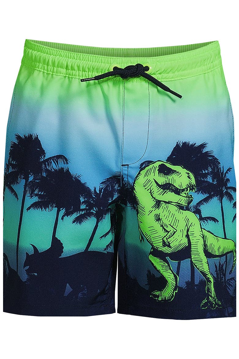 Boys Slim Printed Volley Swim Trunks, Alternate, color, Navy Sunset Dinosaur