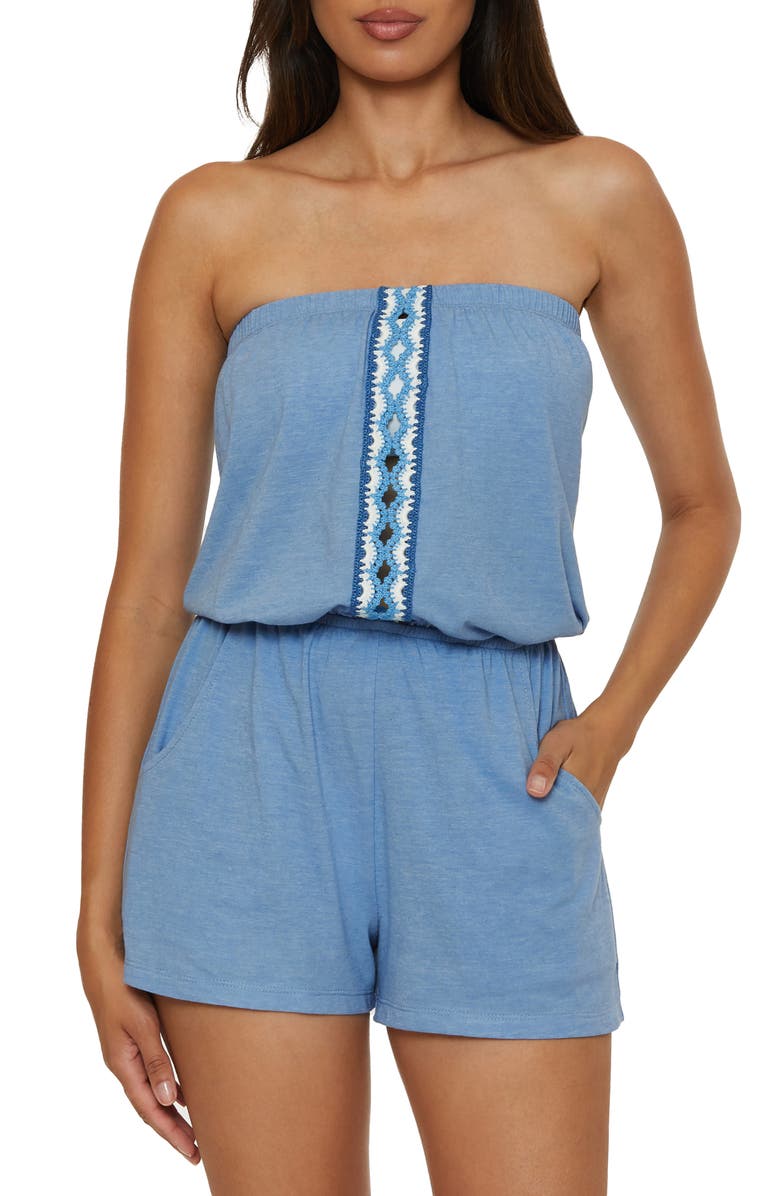 Lucky Brand Malaga Crochet Trim Strapless Cover-Up Romper, Main, color, Wisteria