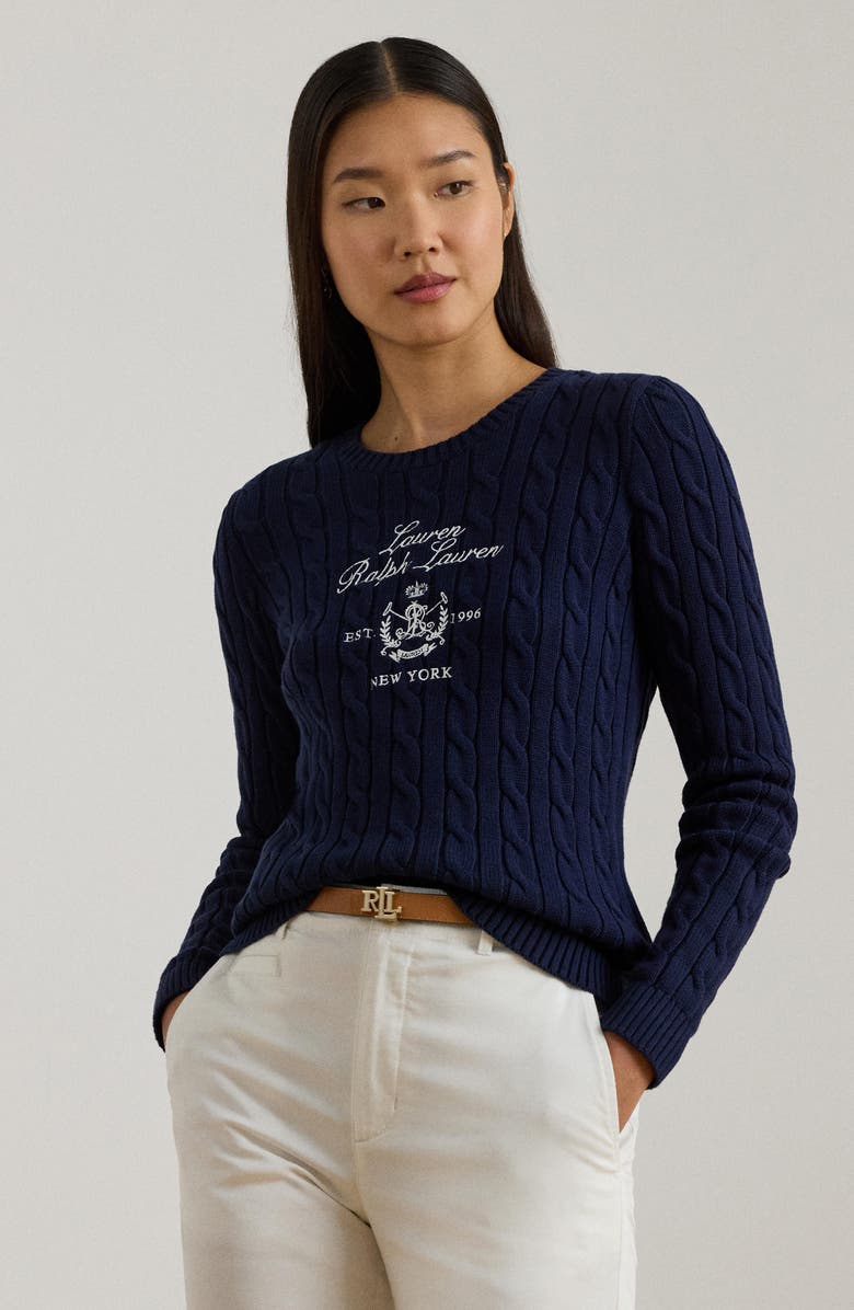 Lauren Ralph Lauren Cable Knit Embroidered Sweater, Alternate, color, Refined Navy Blue