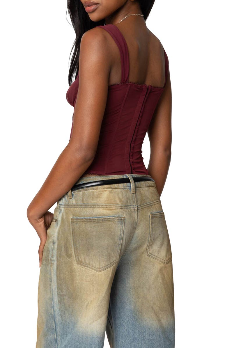 EDIKTED Marcella Mesh Corset Tank Top, Alternate, color, Burgundy