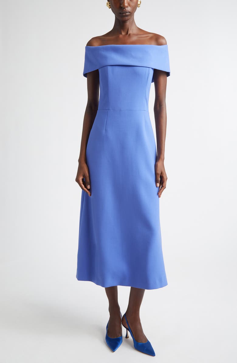 Carolina Herrera Off the Shoulder Stretch Wool Midi Dress, Main, color, Bluebell