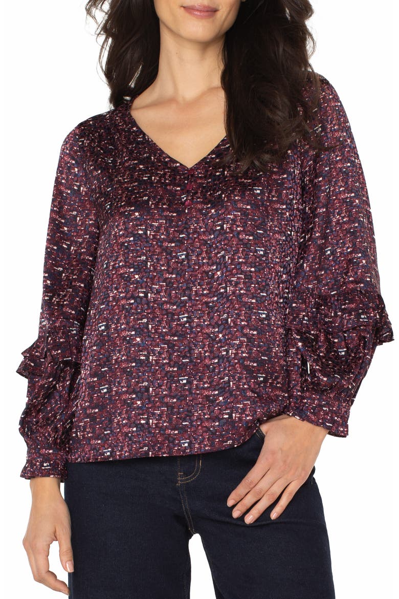 Ruffle Balloon Sleeve Jacquard Top, Main, color, BURGUNDY MULTI