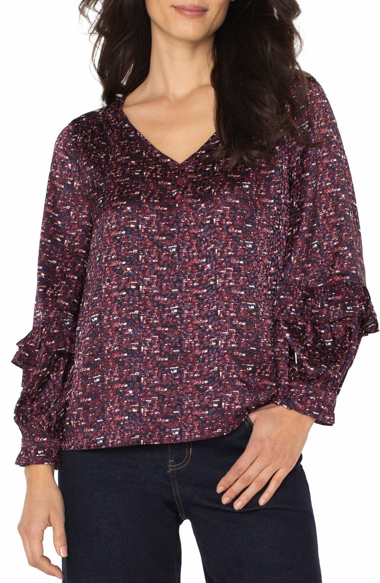 Liverpool Los Angeles Ruffle Balloon Sleeve Jacquard Top, Main, color, Burgundy Multi