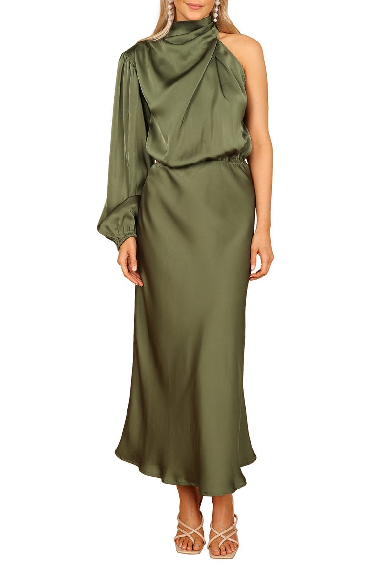 Amelie Cutout Single Long Sleeve Satin Maxi Dress, Main, color, OLIVE