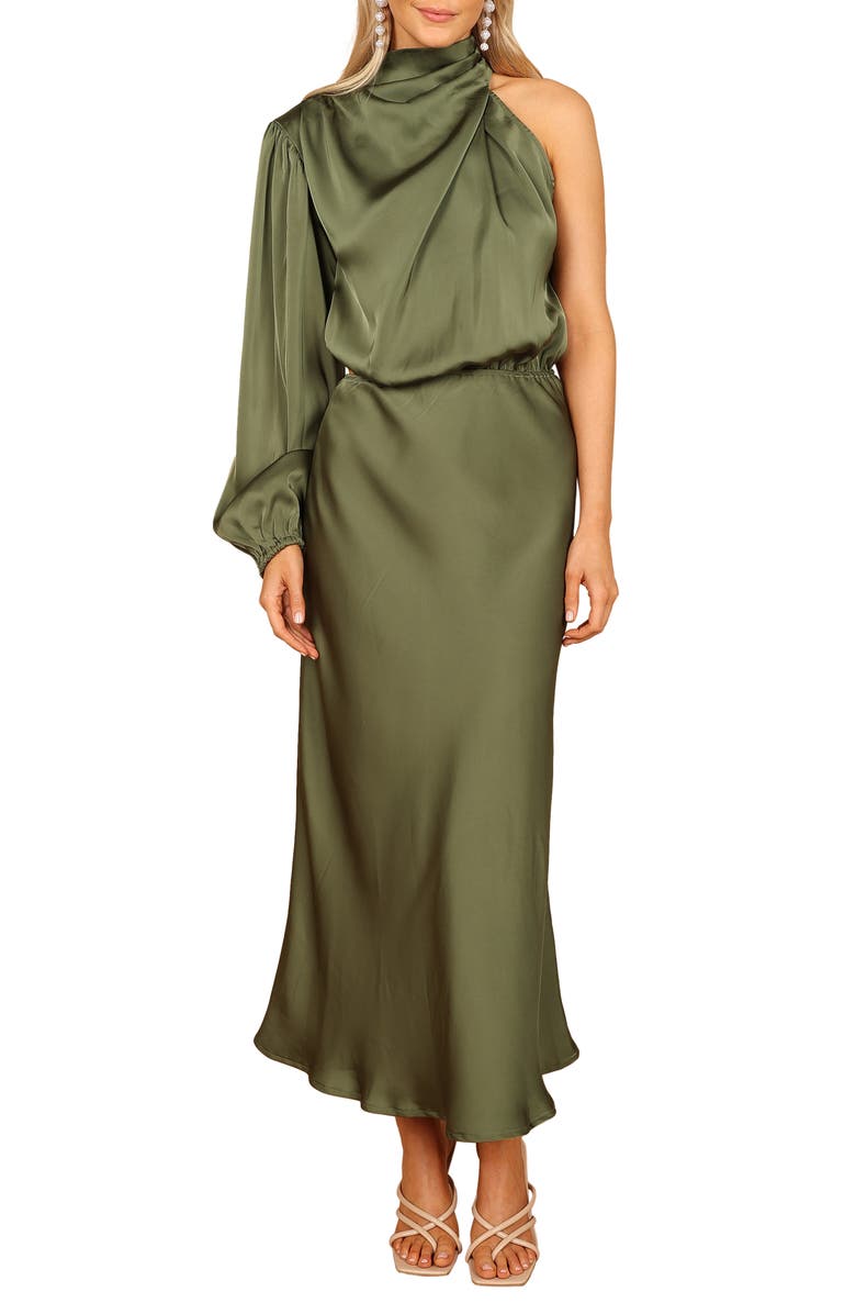 Petal & Pup Amelie Cutout Single Long Sleeve Satin Maxi Dress, Main, color, Olive