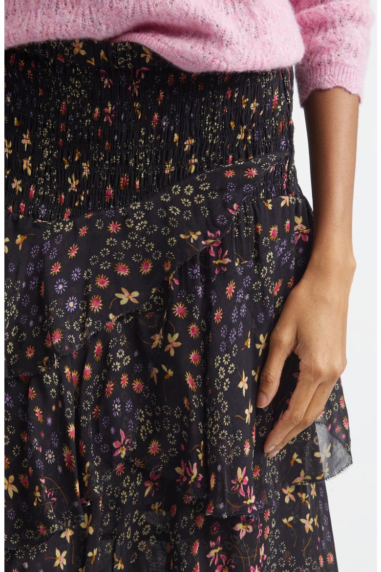 Brigitte Ruffle Smocked Midi Skirt, Alternate, color, BLACK/ ECRU