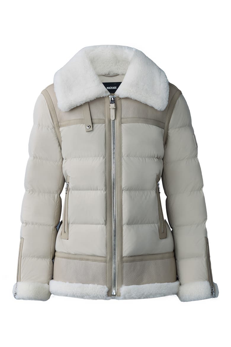 Vanna Mixed Media Genuine Shearling Down Puffer Coat, Alternate, color, TRENCH-NATURAL