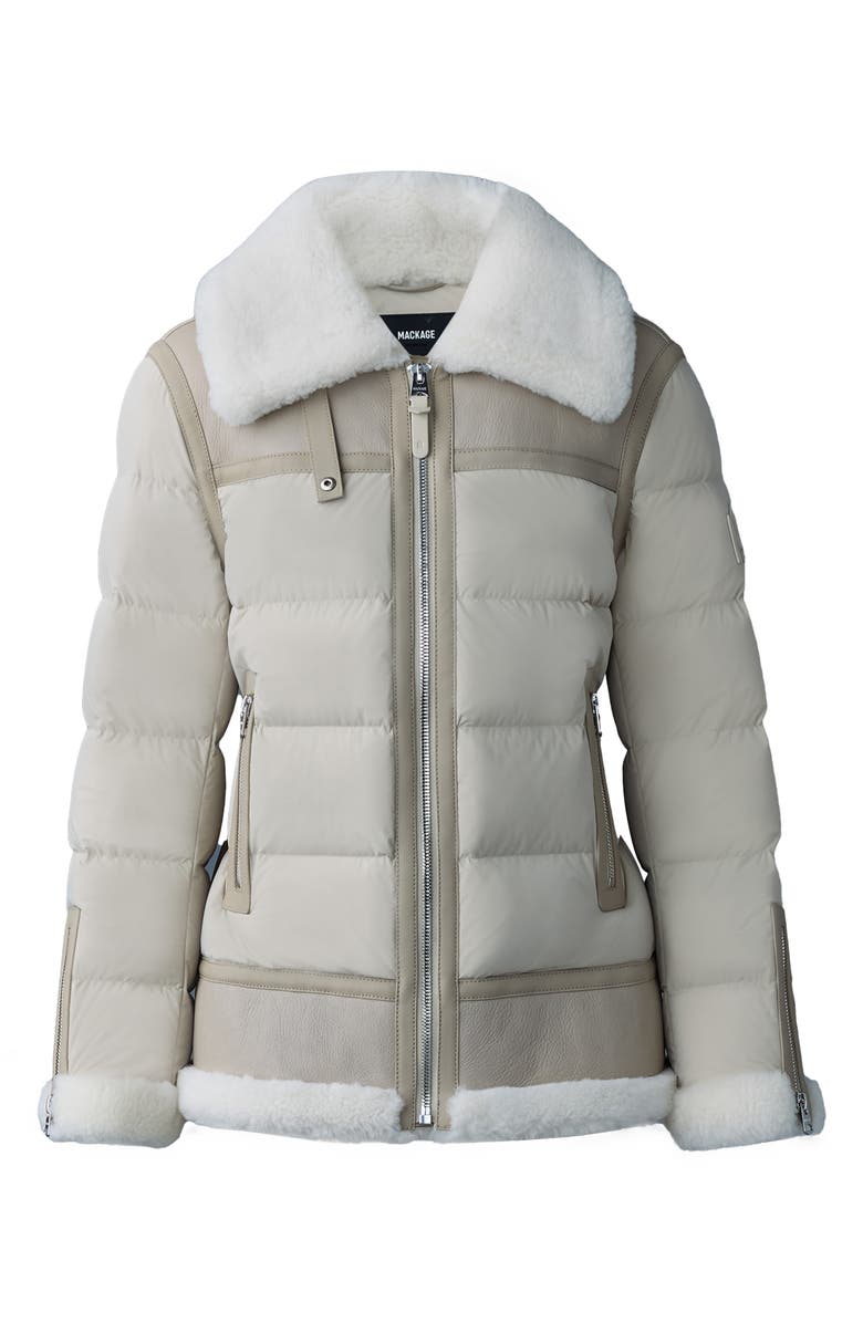 Mackage Vanna Mixed Media Genuine Shearling Down Puffer Coat, Alternate, color, Trench-Natural