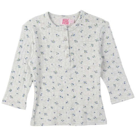 Floral Pointelle Henley Button Placket 3/4 Sleeve Top