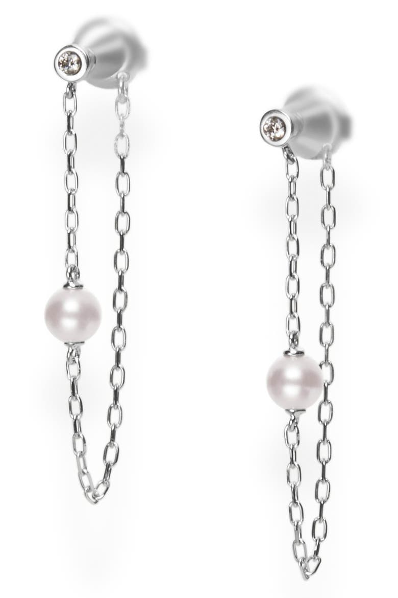 Akoya Pearl & Diamond Chain Hoop Earrings, Main, color, WHITE GOLD