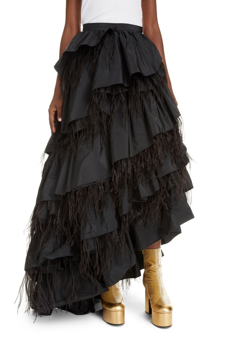 Dries Van Noten Shiloh Asymmetrical Tiered Taffeta & Feather Maxi Skirt, Main, color, 