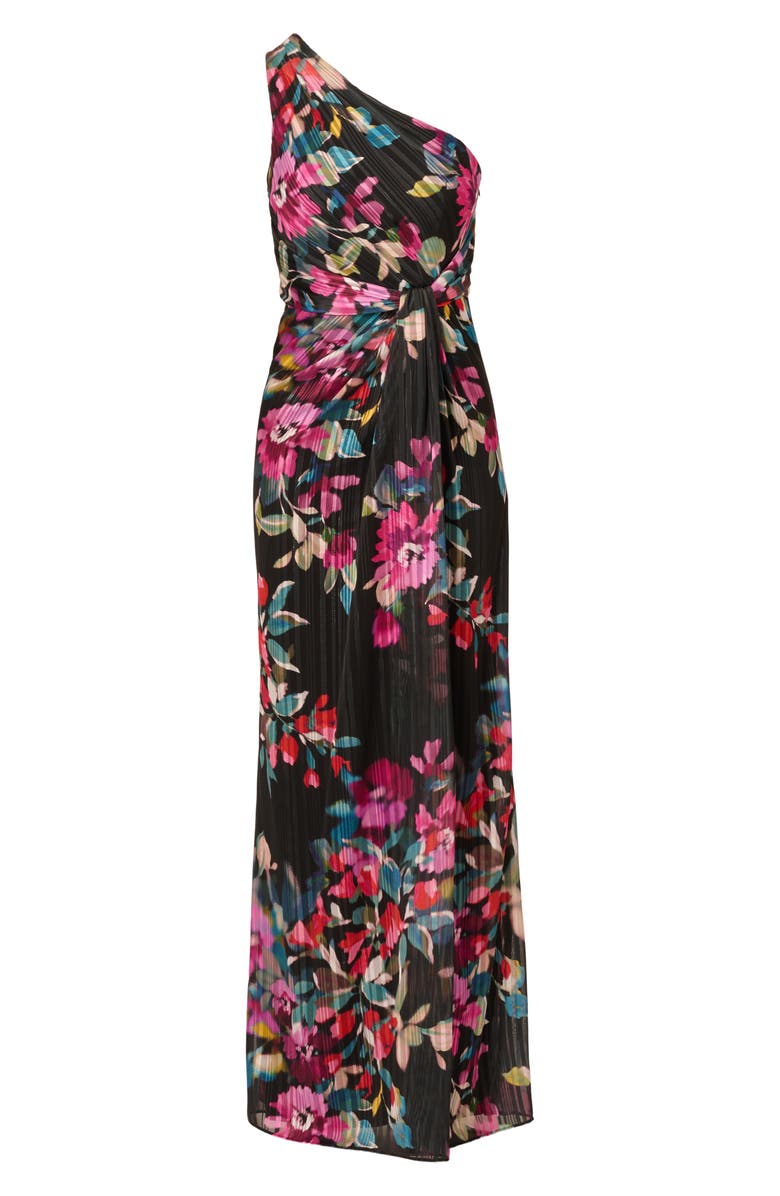 Adrianna Papell Pleated Floral Print One-Shoulder Chiffon Gown, Alternate, color, Black Multi