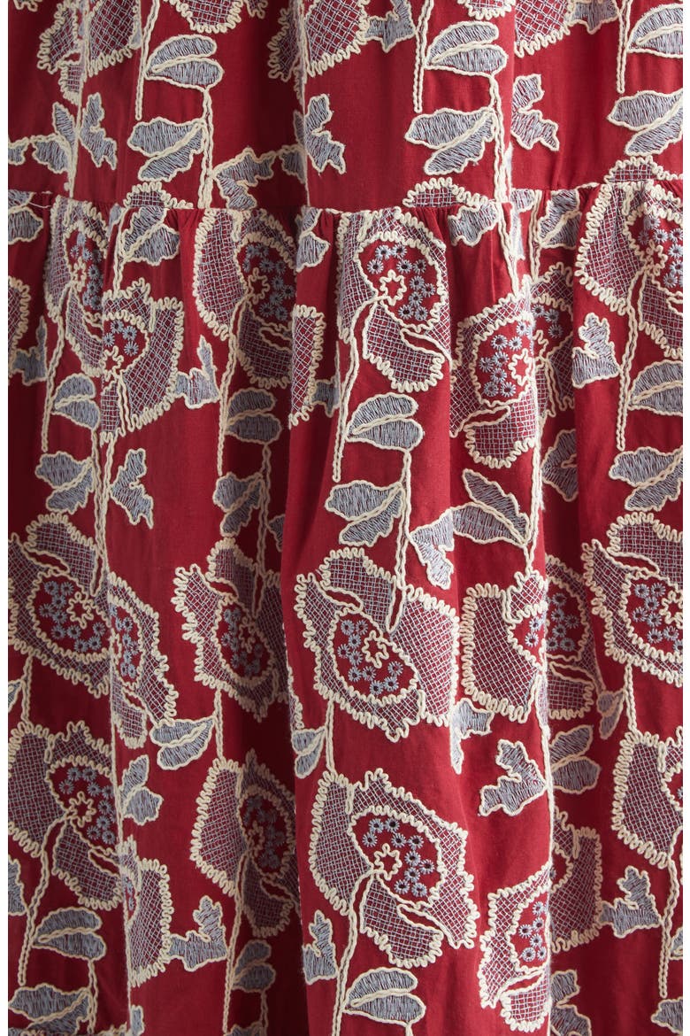 Floral Embroidered Tiered Cotton Blend Midi Shirtdress, Alternate, color, CHERRY