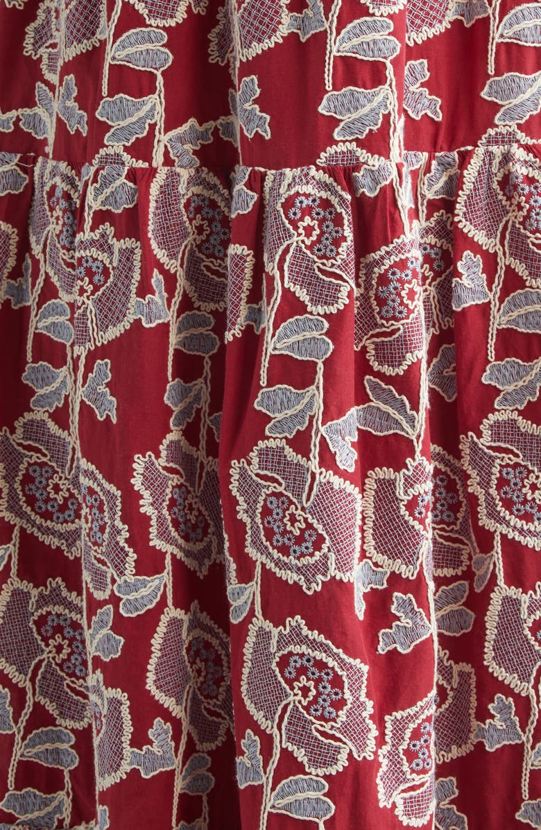 Erdem Floral Embroidered Tiered Cotton Blend Midi Shirtdress, Alternate, color, Cherry