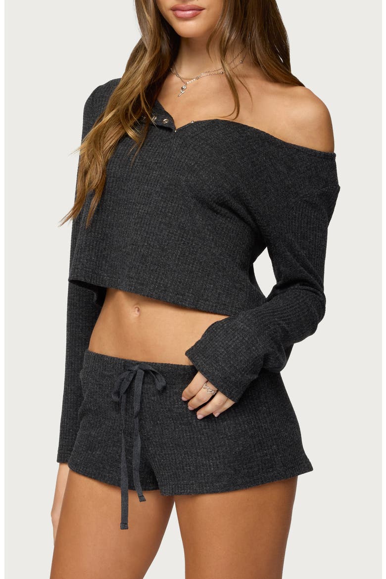 Teddy Off the Shoulder Waffle Knit Crop Top, Alternate, color, BLACK