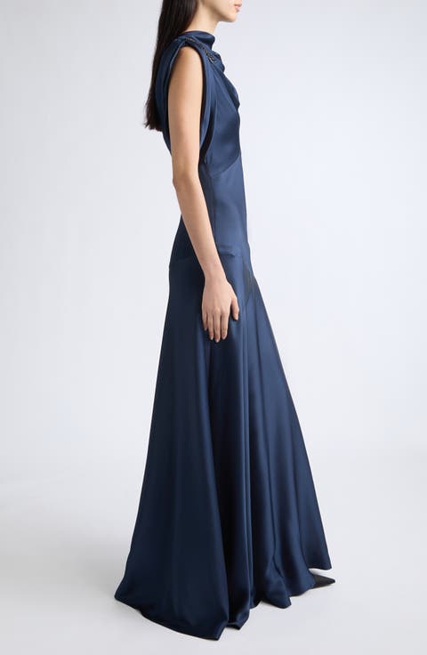 Embellished Draped Satin Gown