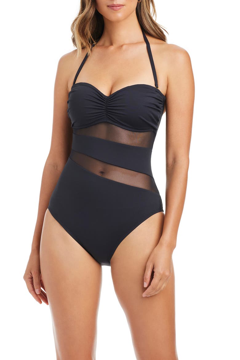 Mesh Inset Bandeau One-Piece Swimsuit, Main, color, BLACK
