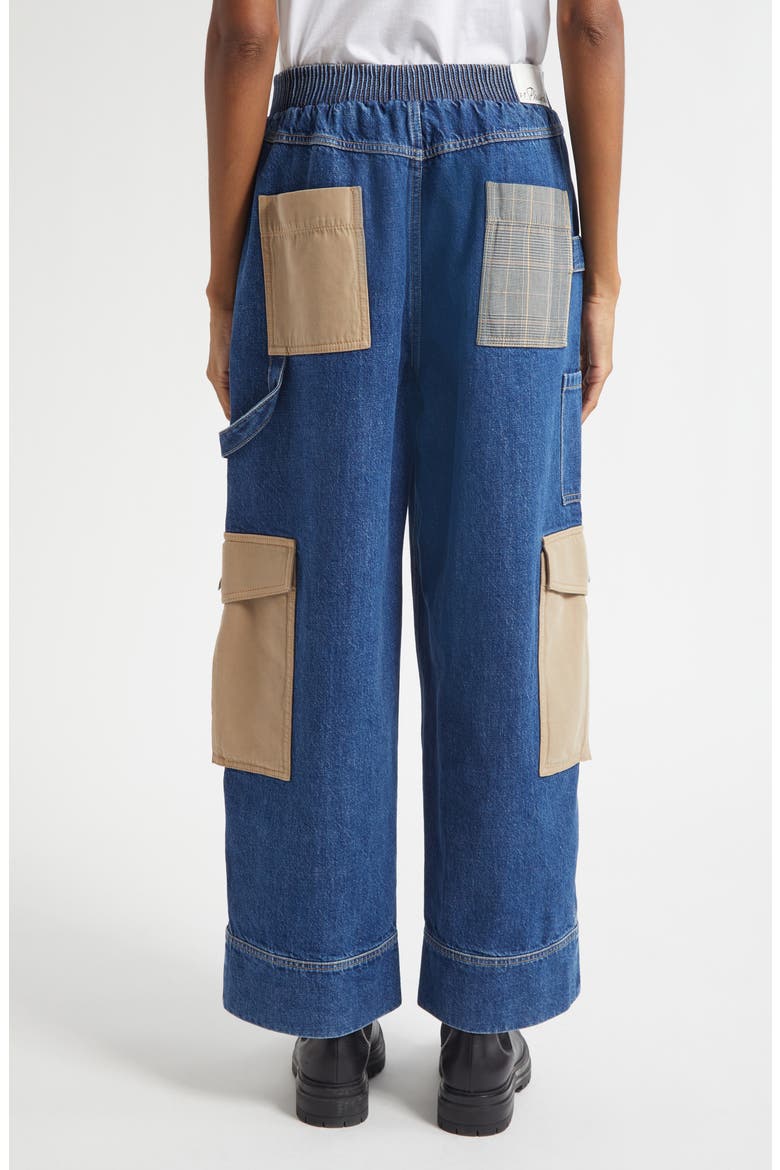 Patchwork Wide Leg Elastic Waist Cargo Jeans, Alternate, color, INDIGO MULTI