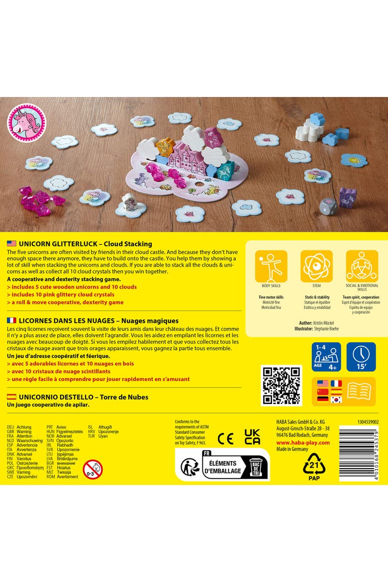 Unicorn Glitterluck Cloud Stacking - Cooperative Kids Board Game - Fun Games for Kids and Unicorn Games Ages 4+ Made in Germany, Alternate, color, Pink Multi