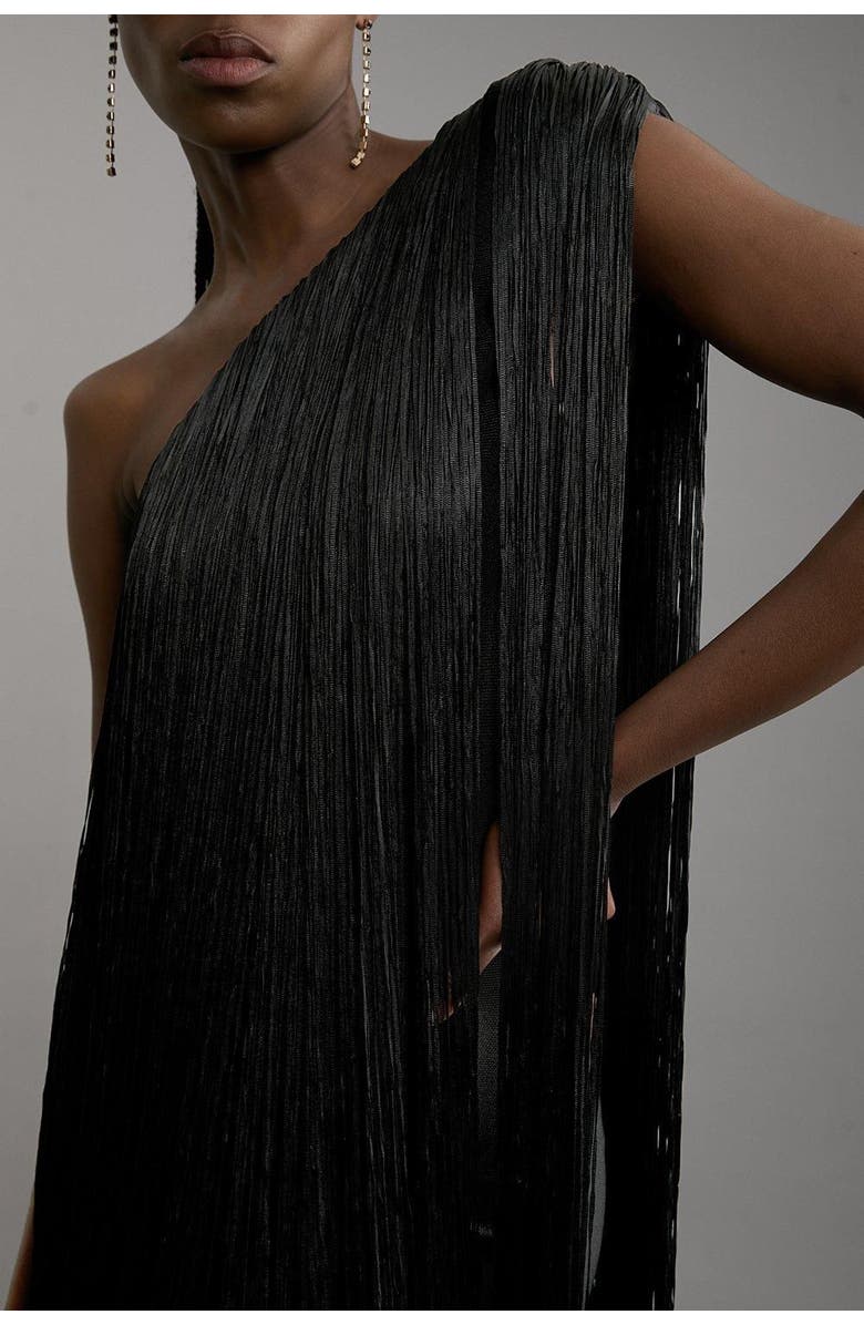 Karen Millen Asymmetric Draped Fringe Mini Dress, Alternate, color, Black