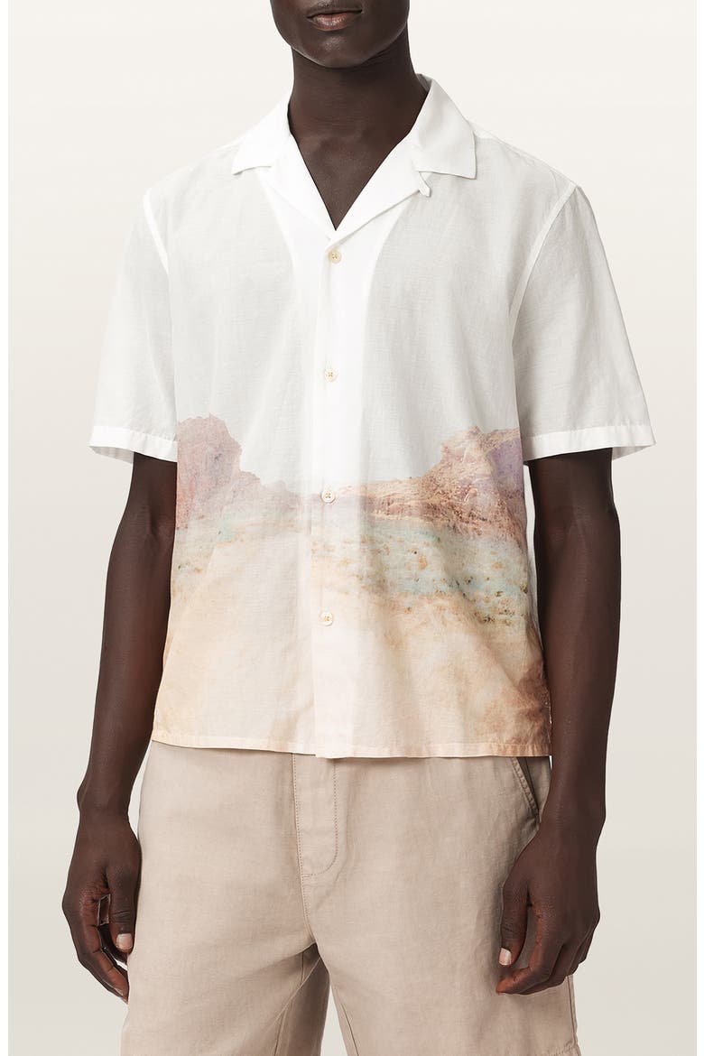 Monument Mountainscape Print Slub Cotton Camp Shirt, Main, color, TERN WHITE