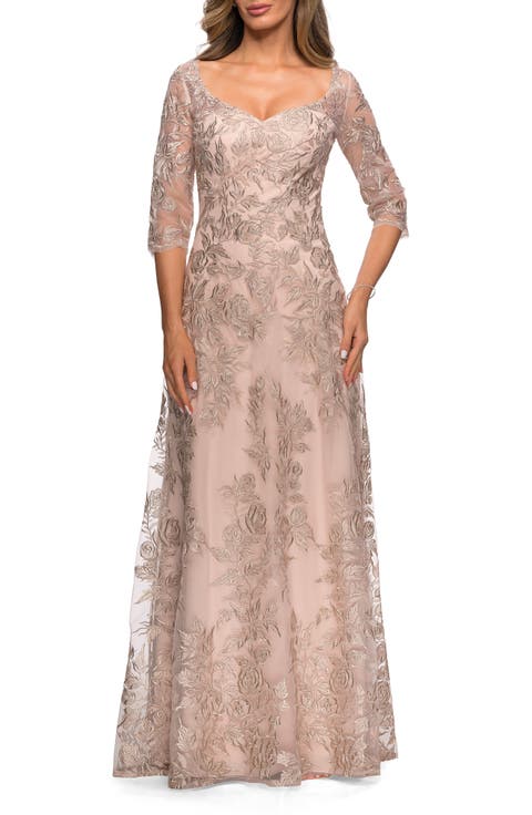 Long Lace A-line Three Quarter Sleeve Gown