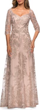 La Femme Long Lace A-line Three Quarter Sleeve Gown