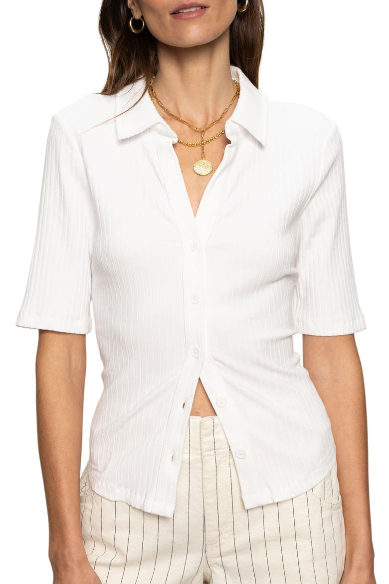 Elbow Sleeve Rib Button-Up Shirt, Main, color, WHITE