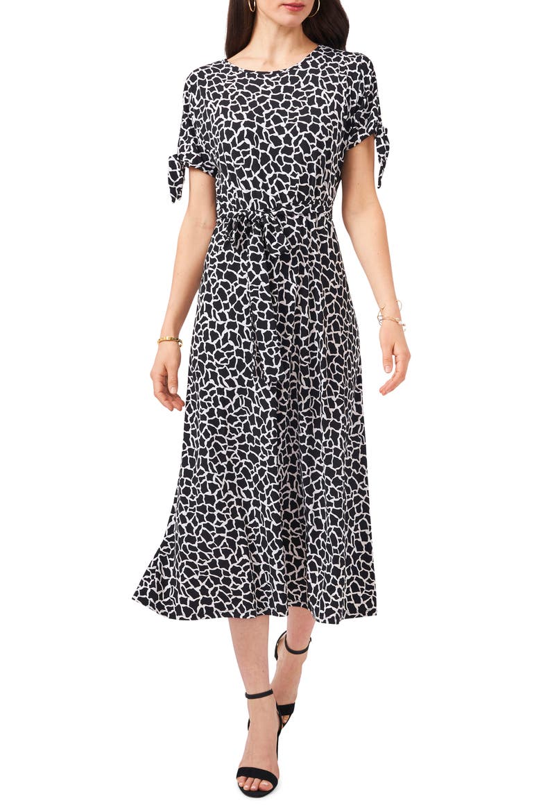 Print Split Sleeve Midi Dress, Main, color, WHITE / BLACK