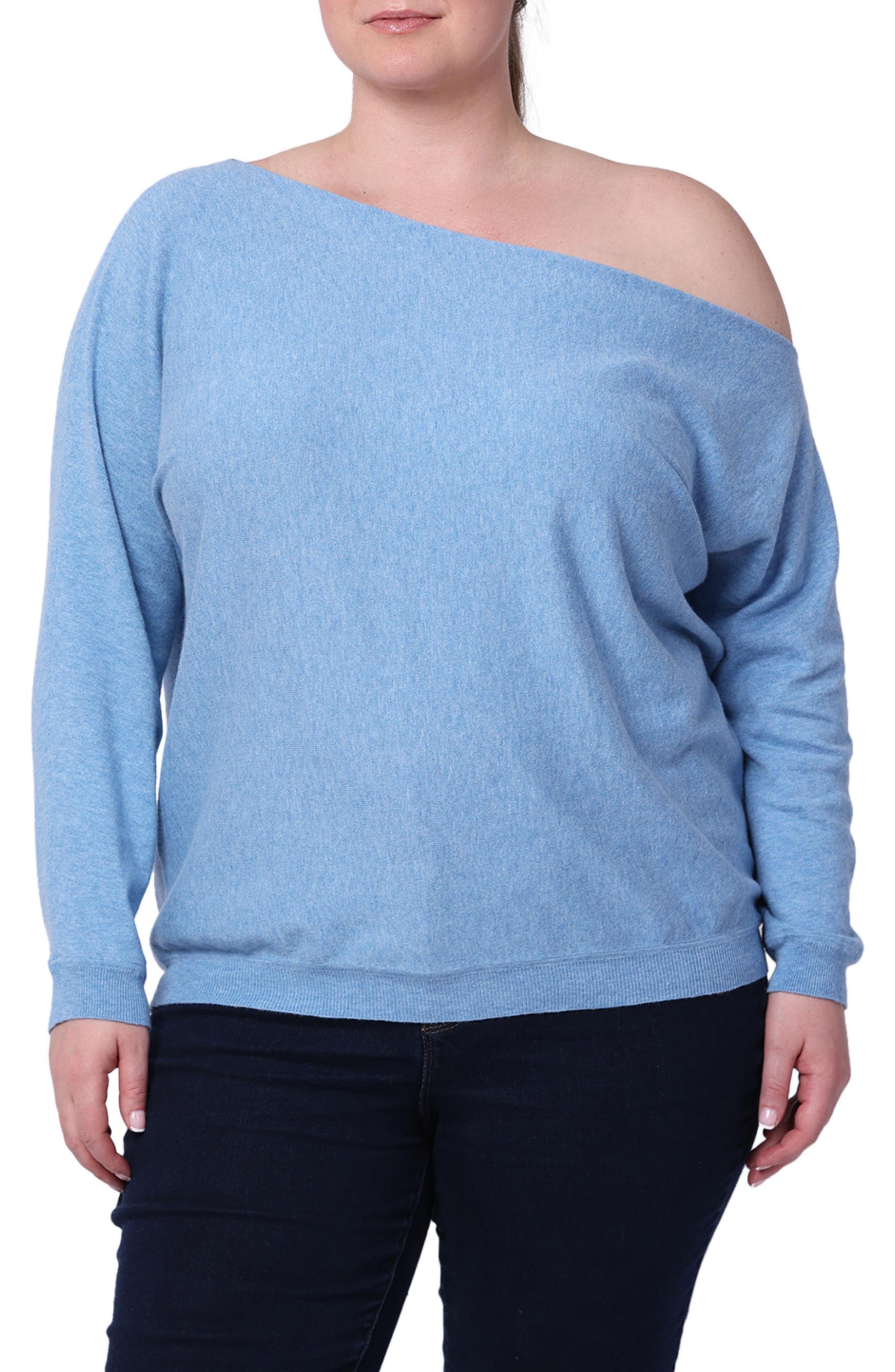 MINNIE ROSE One-Shoulder Cotton & Cashmere Sweater in Cameo Blue 