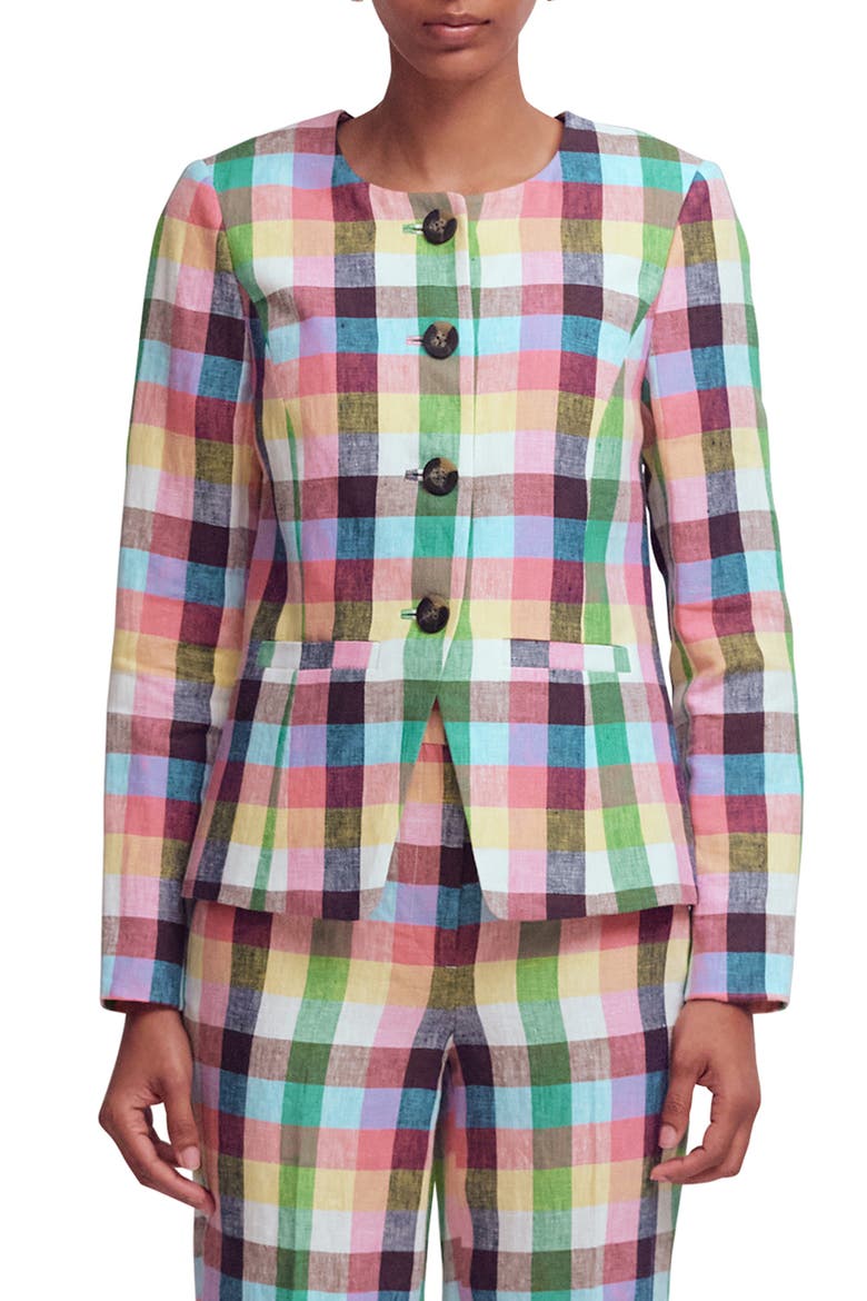 Hampstead Linen Blazer, Main, color, SOFT YELLOW PINK MULTIGINGHAM