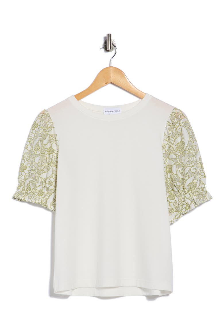 Puff Sleeve Mixed Media Top, Alternate, color, OFF WHITE/ SEAGRASS