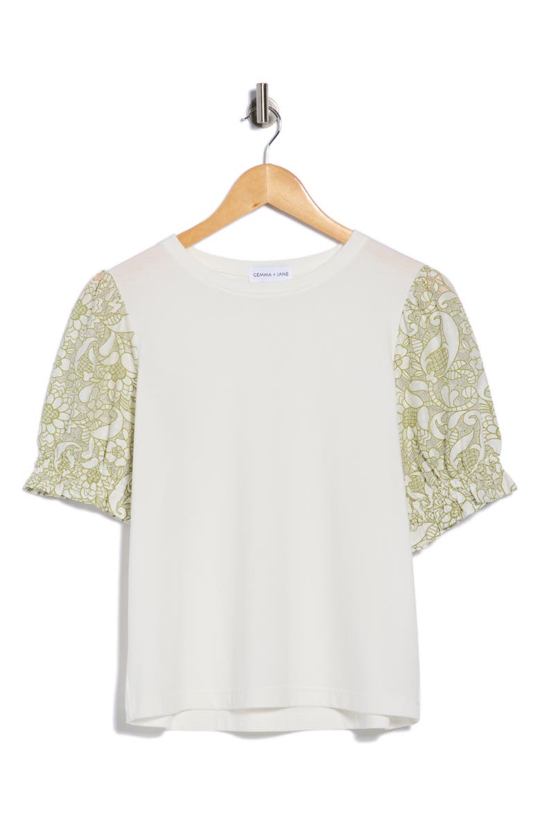Gemma + Jane Puff Sleeve Mixed Media Top, Alternate, color, Off White/ Seagrass