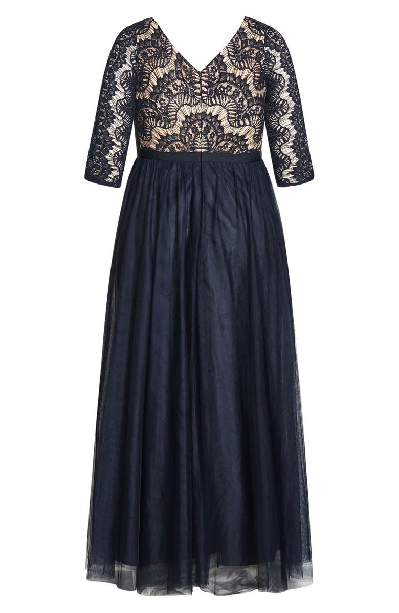 City Chic V-Neck Lace & Tulle Gown, Alternate, color, 