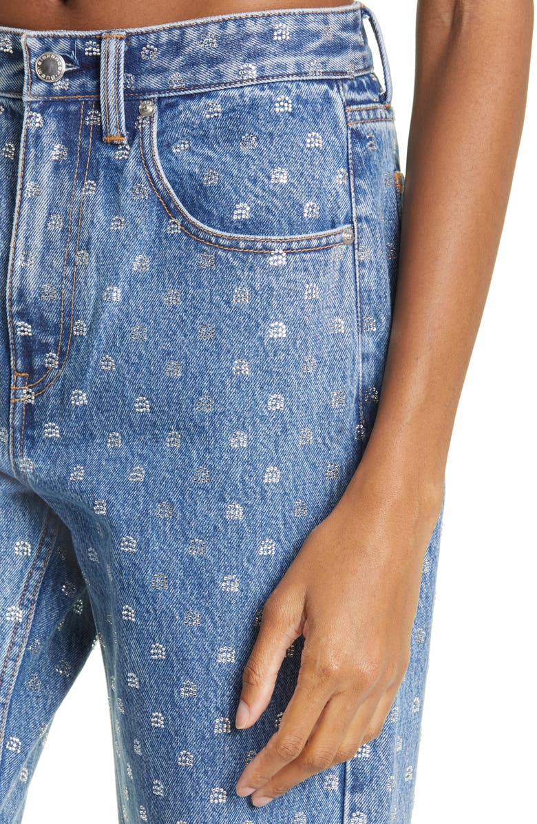 Alexander Wang Embellished Crystal Logo High Waist Relaxed Straight Leg Jeans, Alternate, color, 