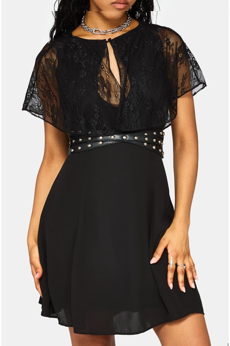 Yasmine Lace Cape Keyhole Mini Dress, Alternate, color, Black