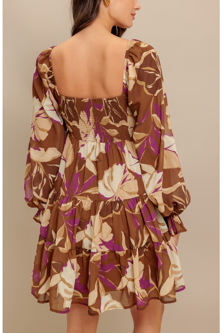 Floral Long Sleeve Tiered Babydoll Dress, Alternate, color, BROWN