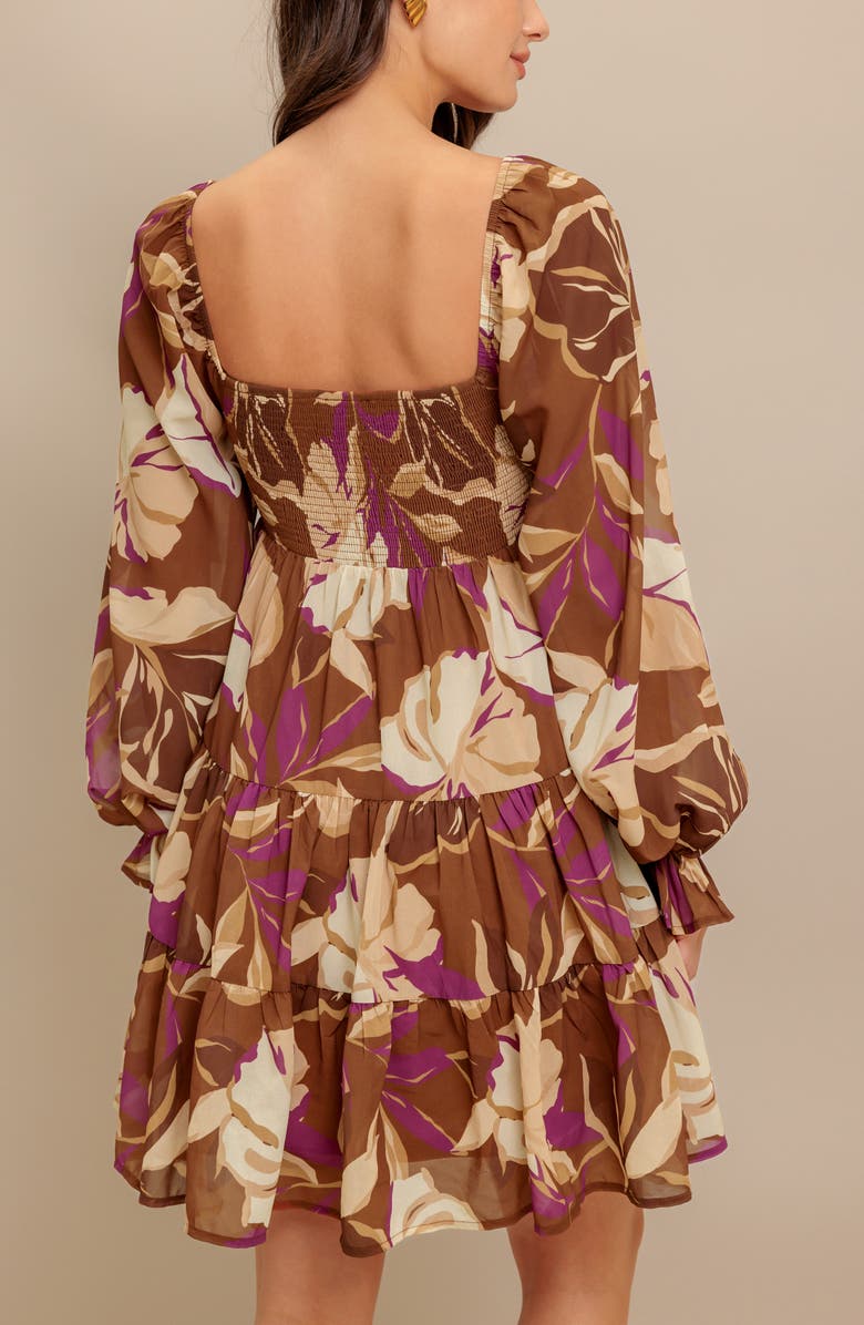 FLYING TOMATO Floral Long Sleeve Tiered Babydoll Dress, Alternate, color, Brown