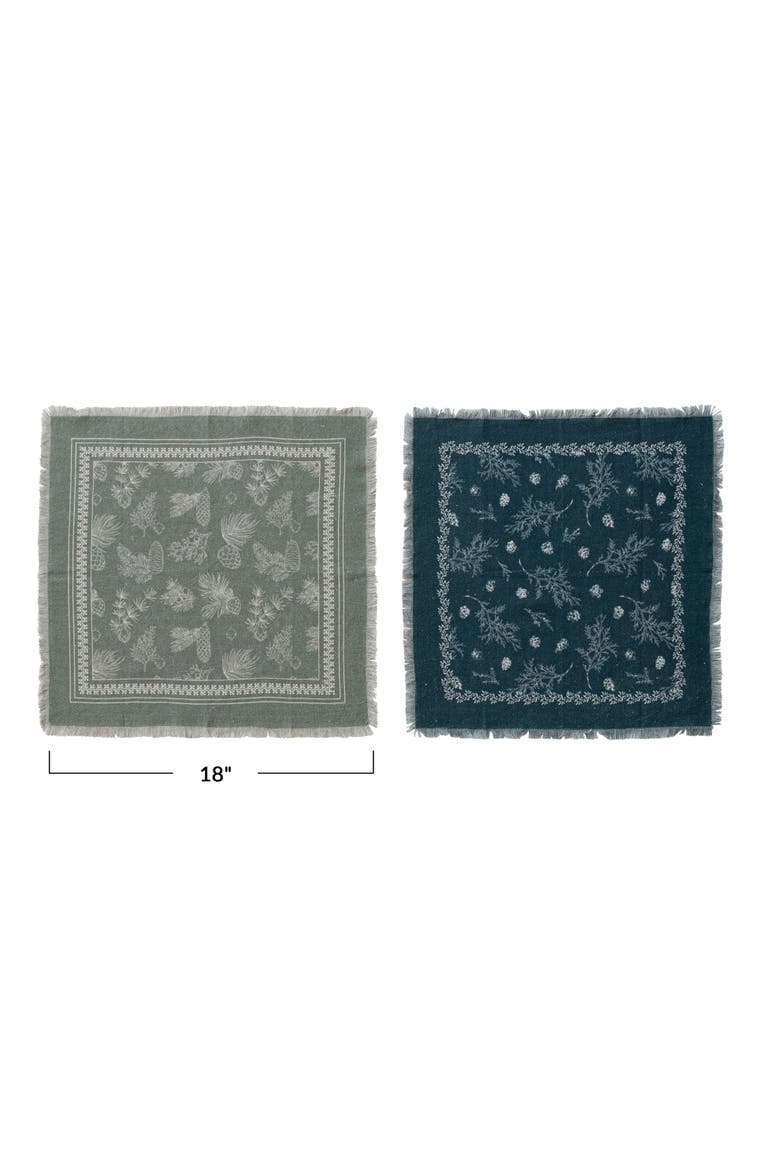 4-Piece Square Linen Printed Napkins with Pine Bough Patterns and Frayed Edges, Teal, Sage and Cream, Alternate, color, Multicolor