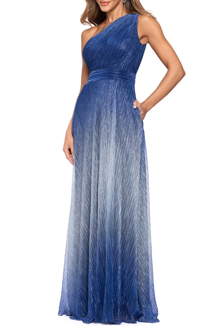 Ombré Metallic Crinkle One-Shoulder Gown, Alternate, color, NAVY/ GREY