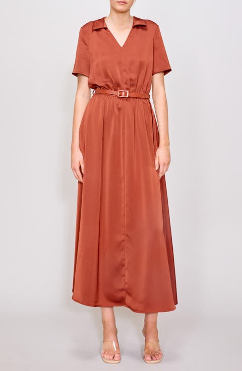 Short Sleeve Belted Satin A-Line Dress