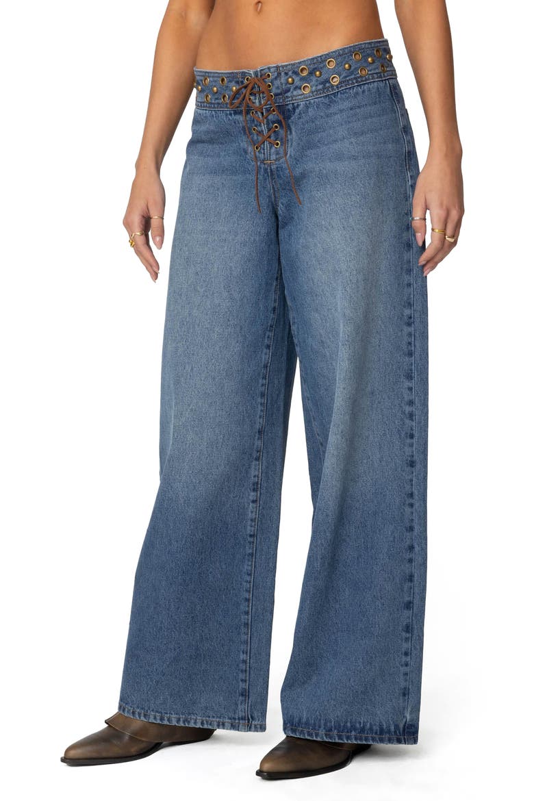 Stud & Grommet Wide Leg Jeans, Alternate, color, BLUE-WASHED