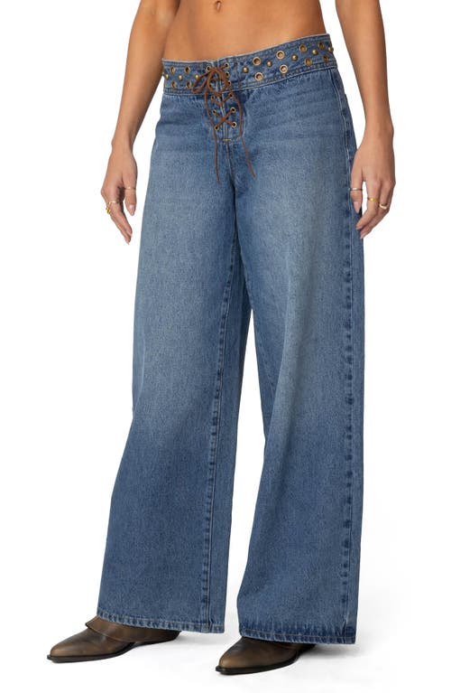 Edikted Stud & Grommet Wide Leg Jeans In Blue-washed